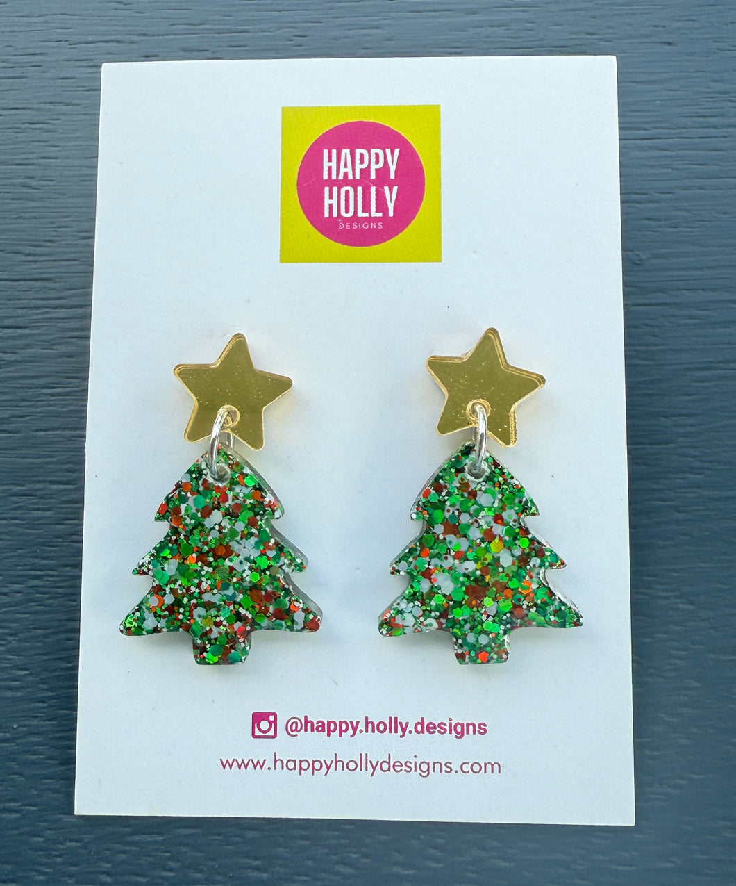 Christmas tree dangle earrings - red/green/white glitter tree
