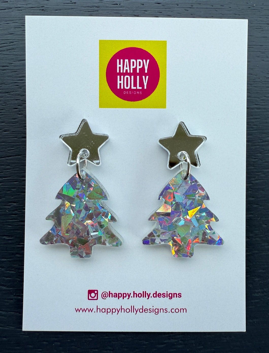 Christmas tree dangle earrings - holographic silver tree