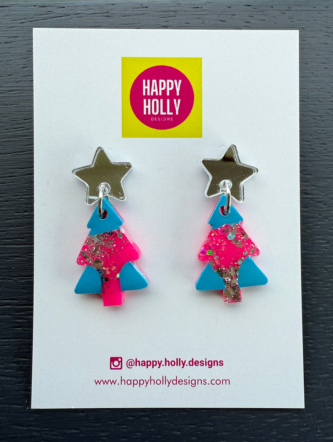 Christmas tree dangle earrings - hot pink/blue/silver tree