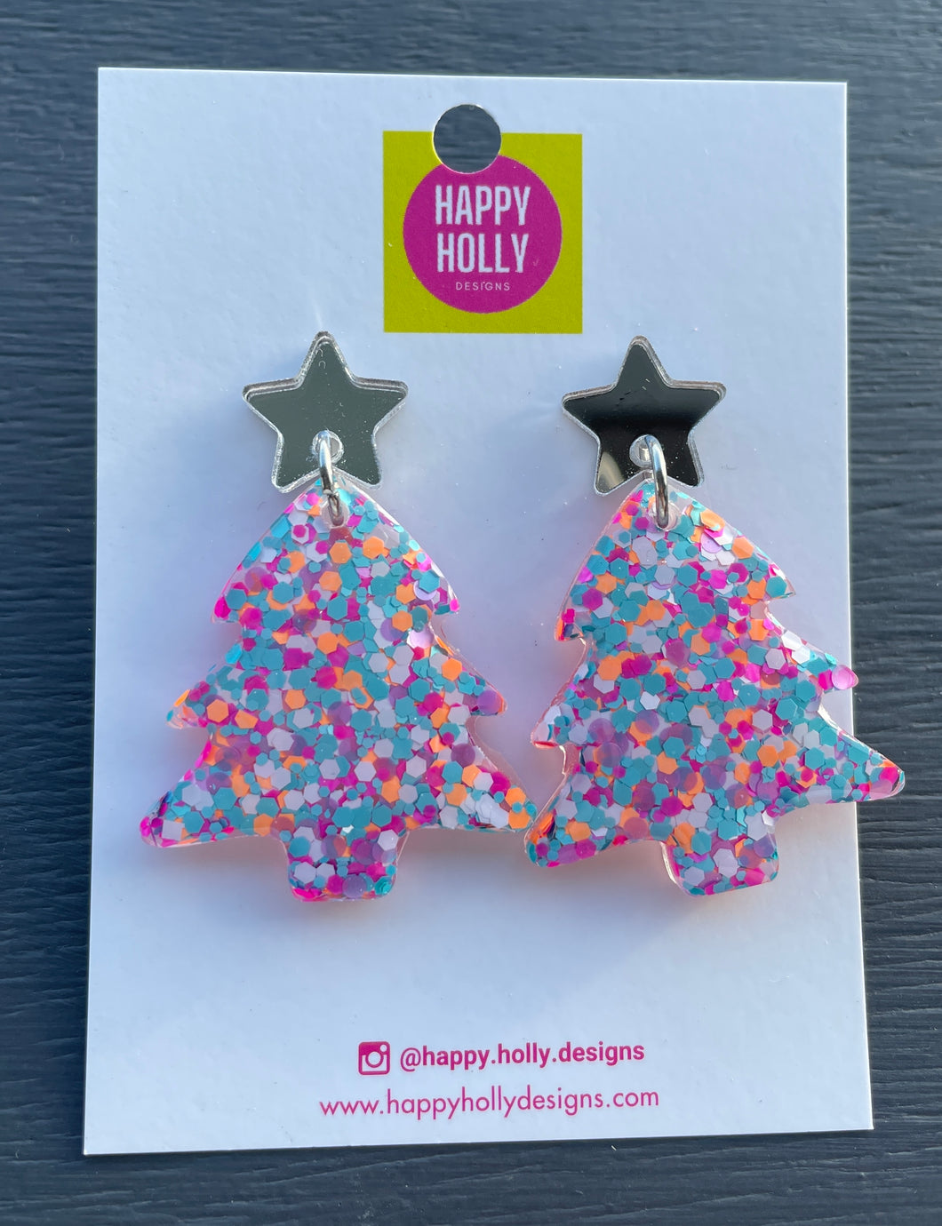 Christmas tree dangle earrings - multi glitter tree