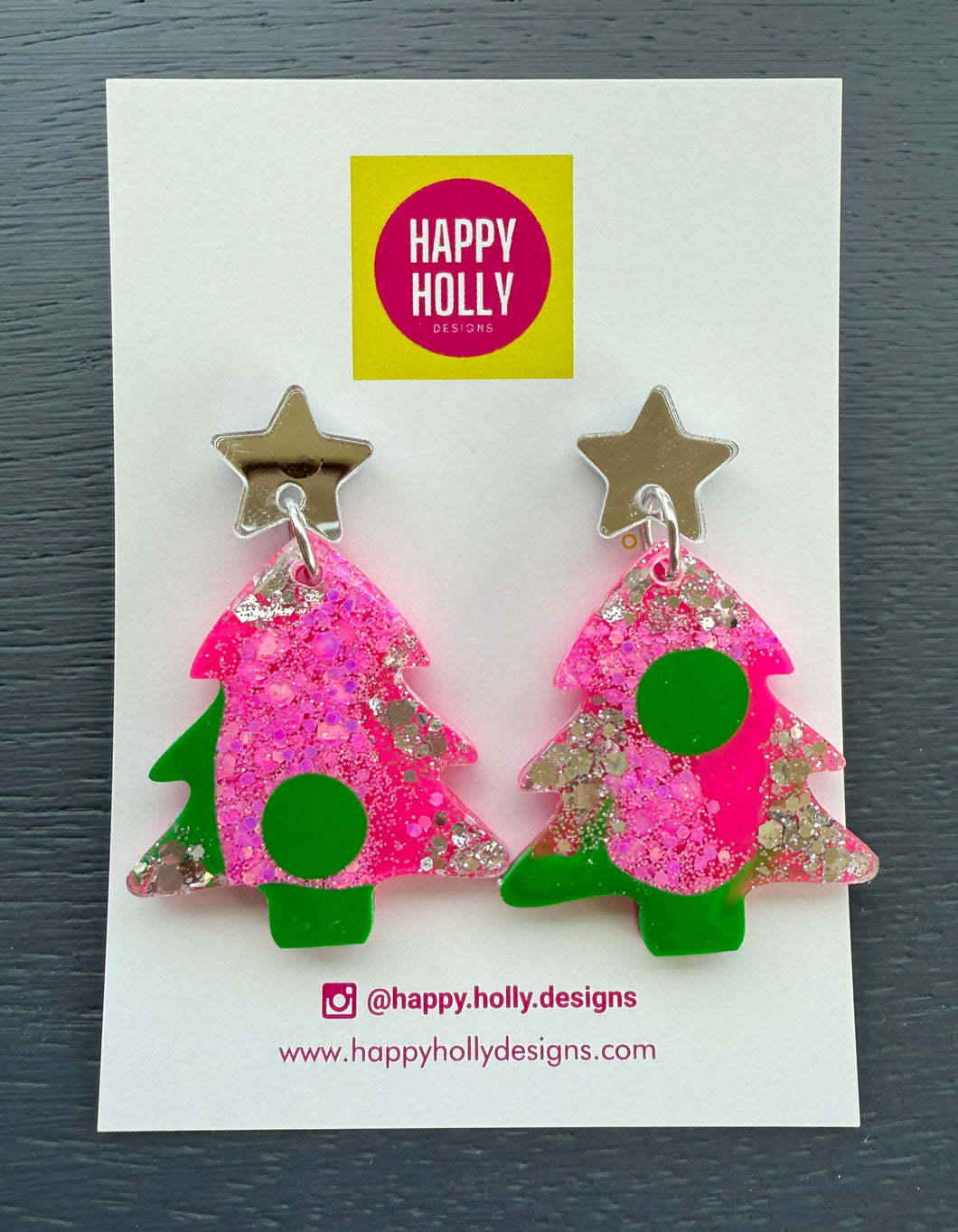 Christmas tree dangle earrings - silver/pink/green tree