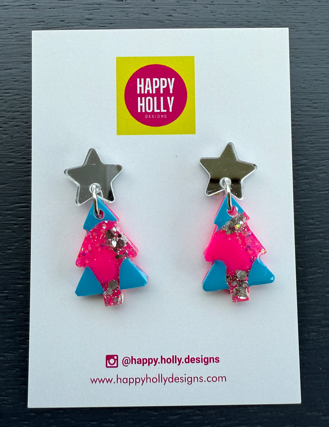 Christmas tree dangle earrings - hot pink/blue/silver tree 2