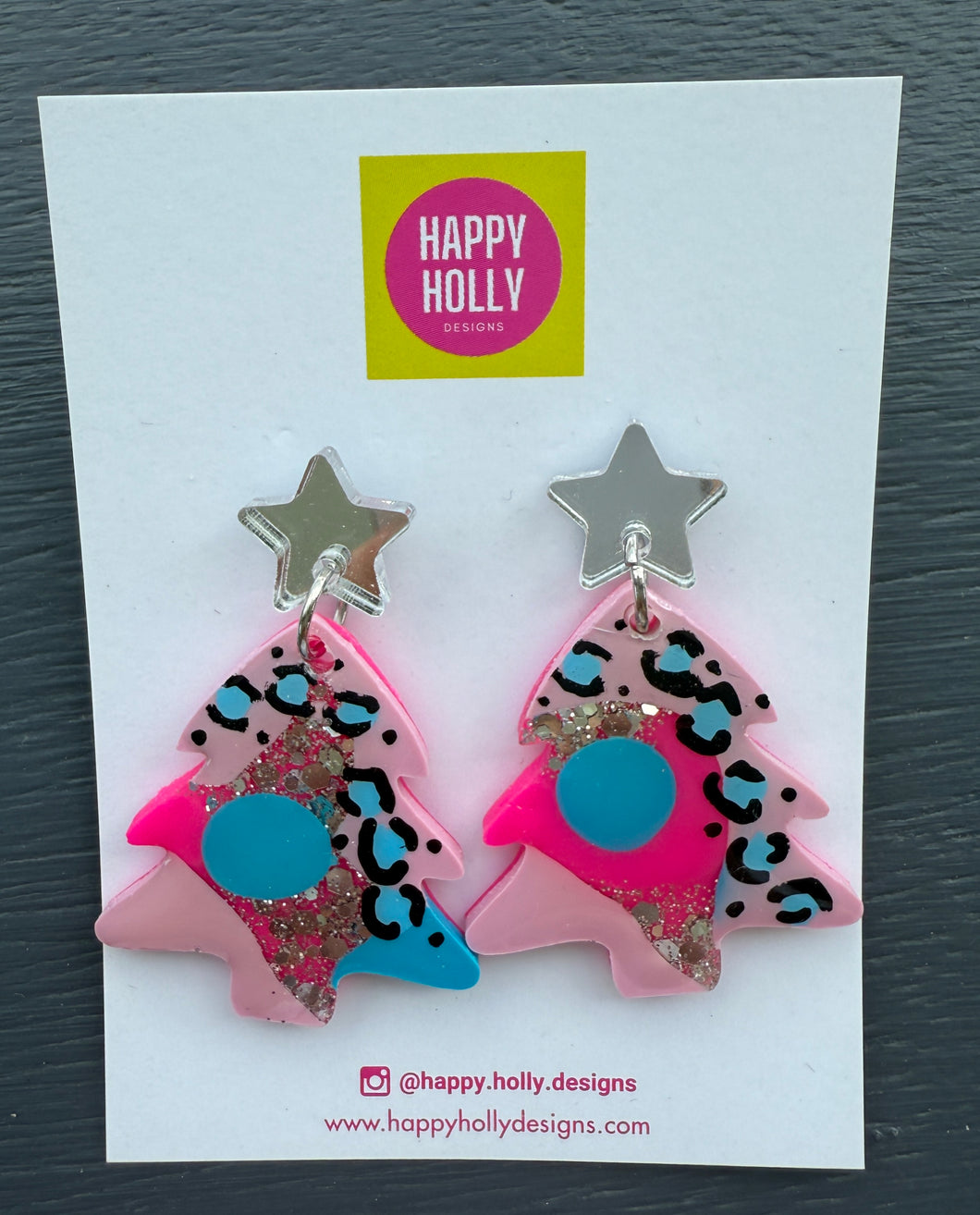 Christmas tree dangle earrings - pink/blue/gold/leopard print glitter tree