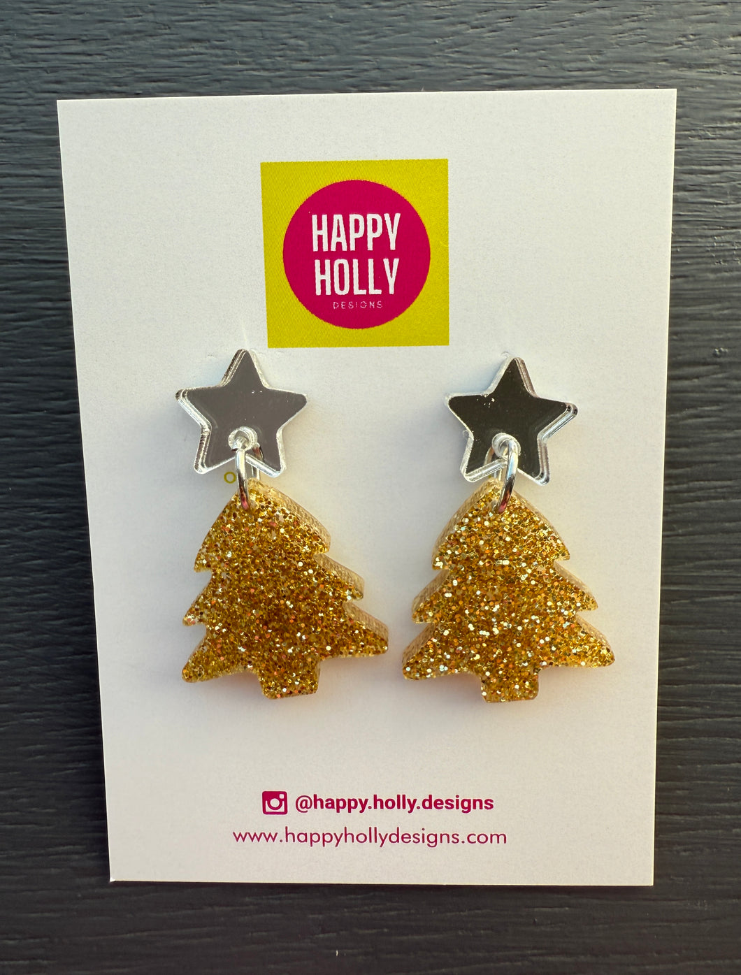 Christmas tree dangle earrings - gold fine glitter tree