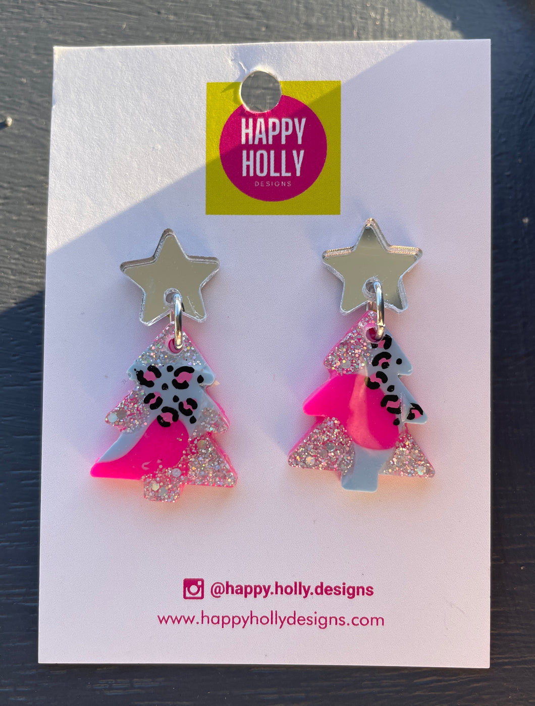 Christmas tree dangle earrings - pink, pale blue & silver with leopard print tree