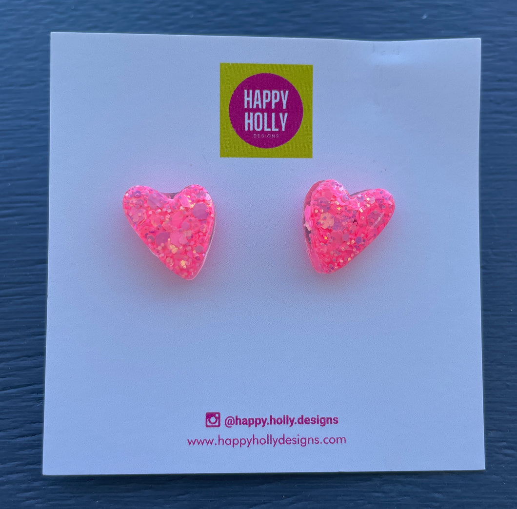 Asymmetric heart earrings - bright pink glitter