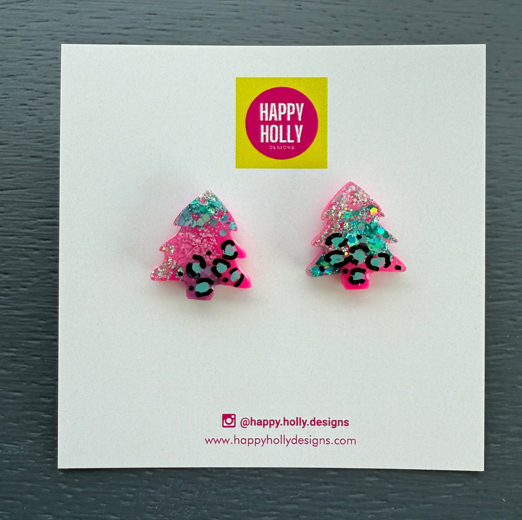 Christmas tree earrings - pink & aqua leopard print