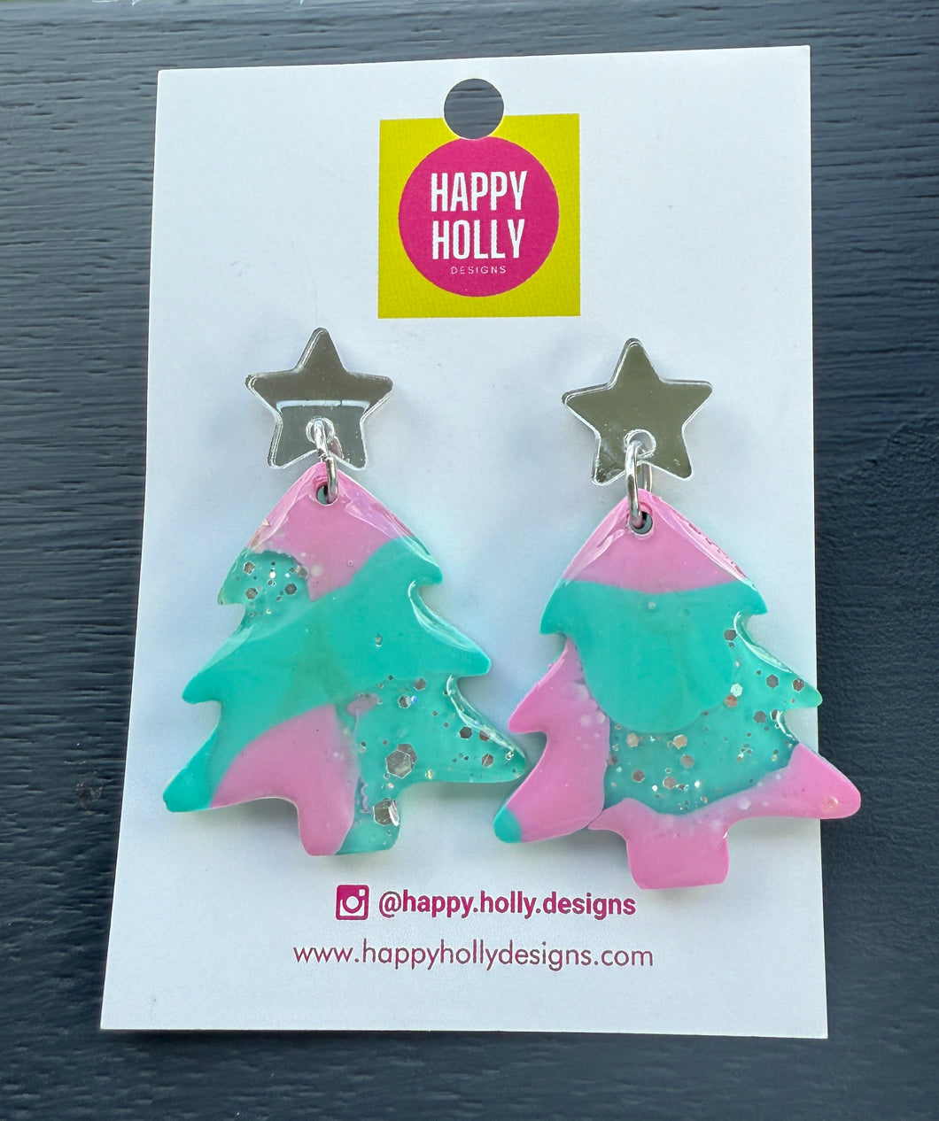 Christmas tree dangle earrings - silver/pink/aqua tree