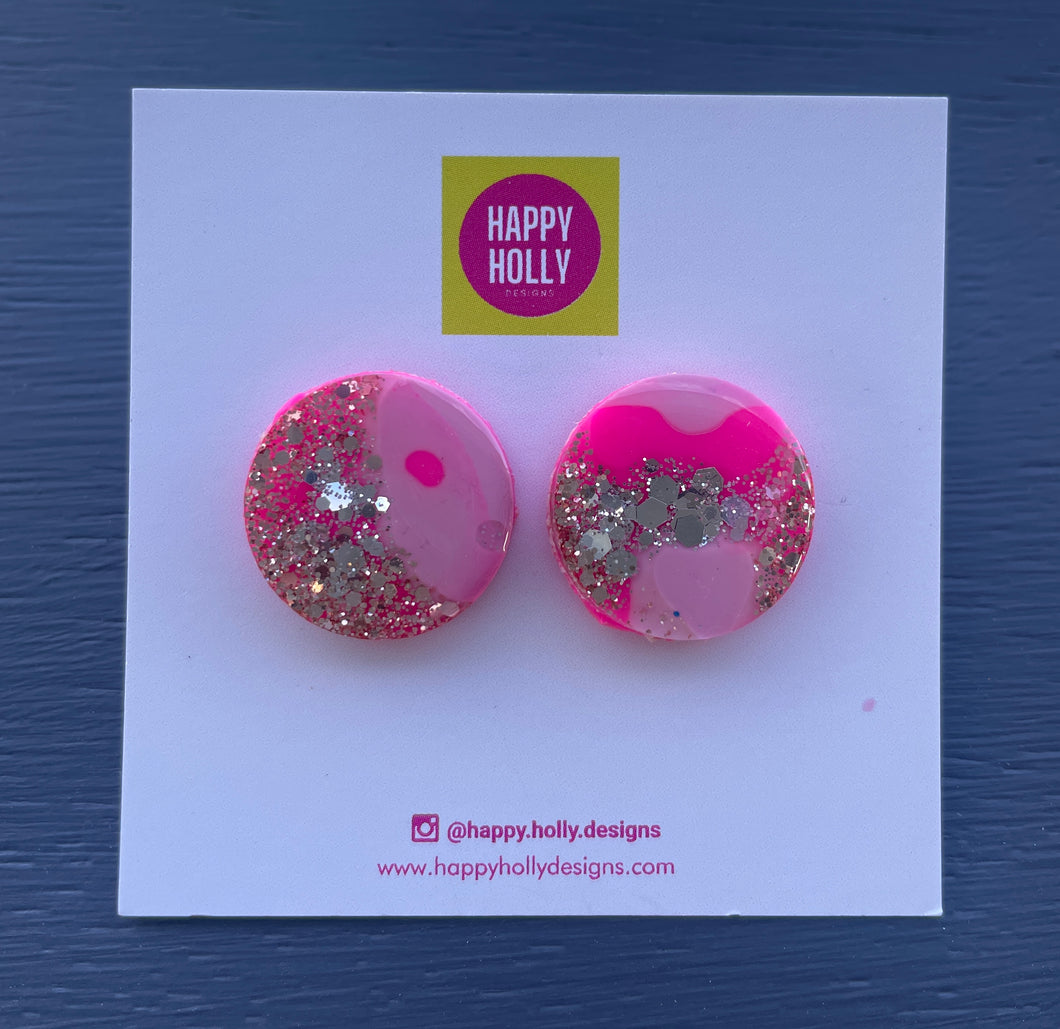 Round earrings 20mm - hot pink/pale pink/gold/silver glitter