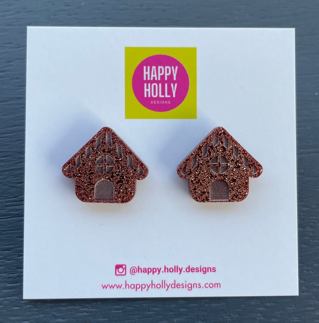 Gingerbread house earrings - brown glitter