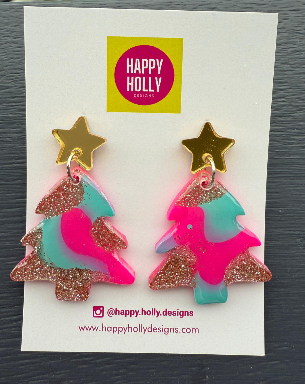 Christmas tree dangle earrings - gold/pink/blue tree