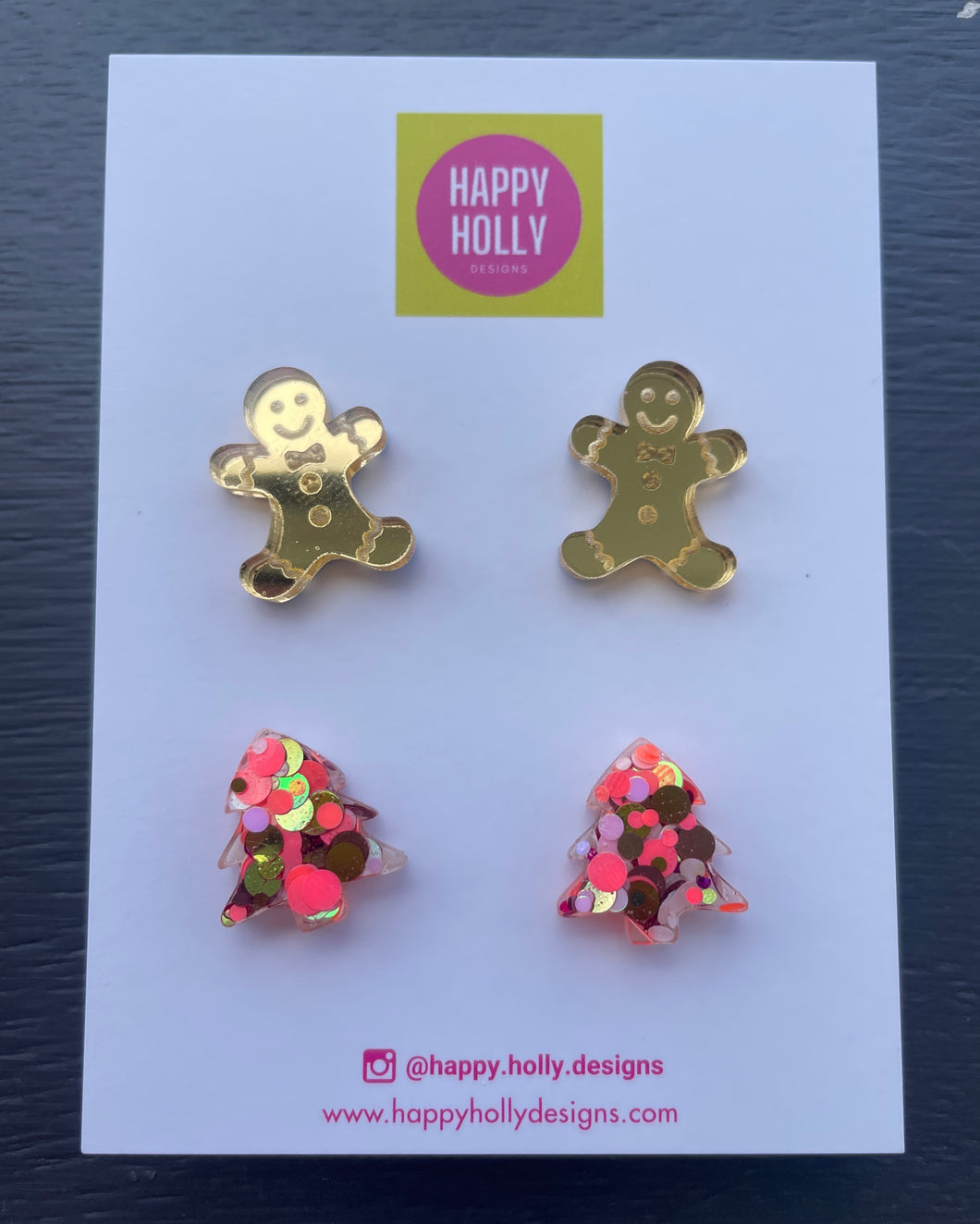 Christmas stud pack - gold gingerbread men & orange/gold glitter trees