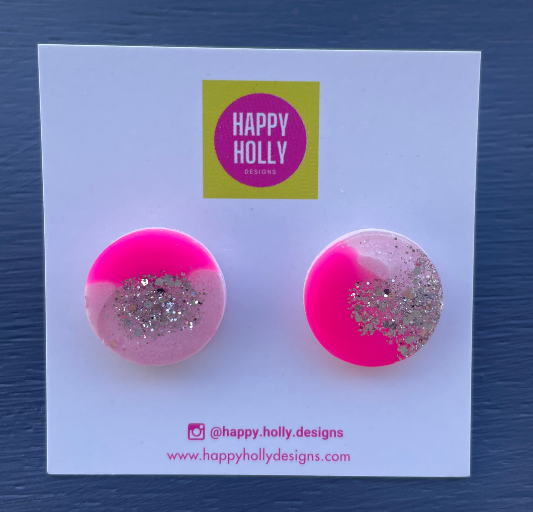Round earrings 20mm - hot pink/pale pink/silver glitter