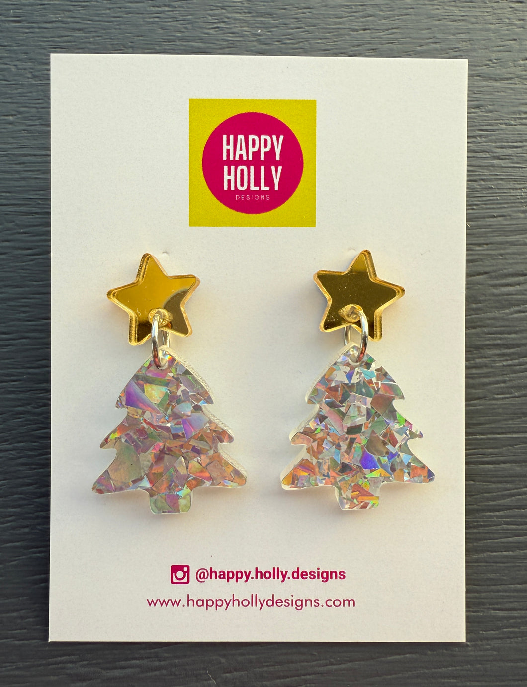 Christmas tree dangle earrings - holographic silver tree