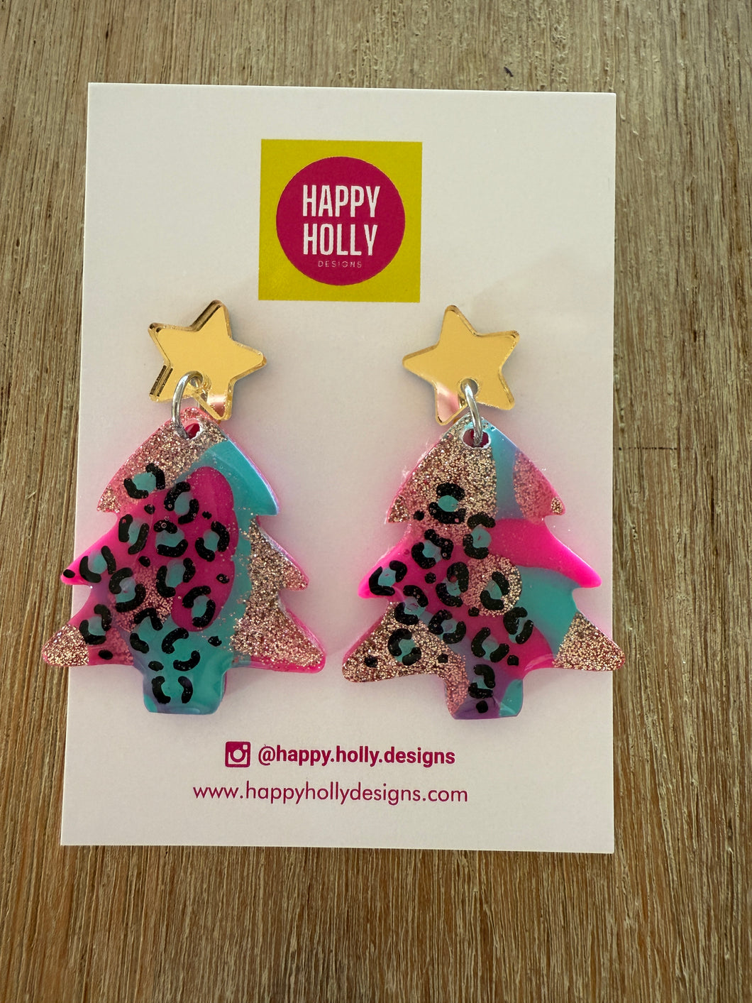 Christmas tree dangle earrings - pink/blue/gold/leopard print glitter tree