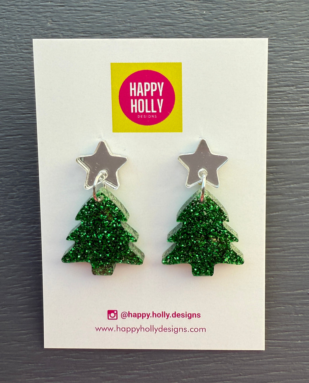 Christmas tree dangle earrings - green fine glitter tree