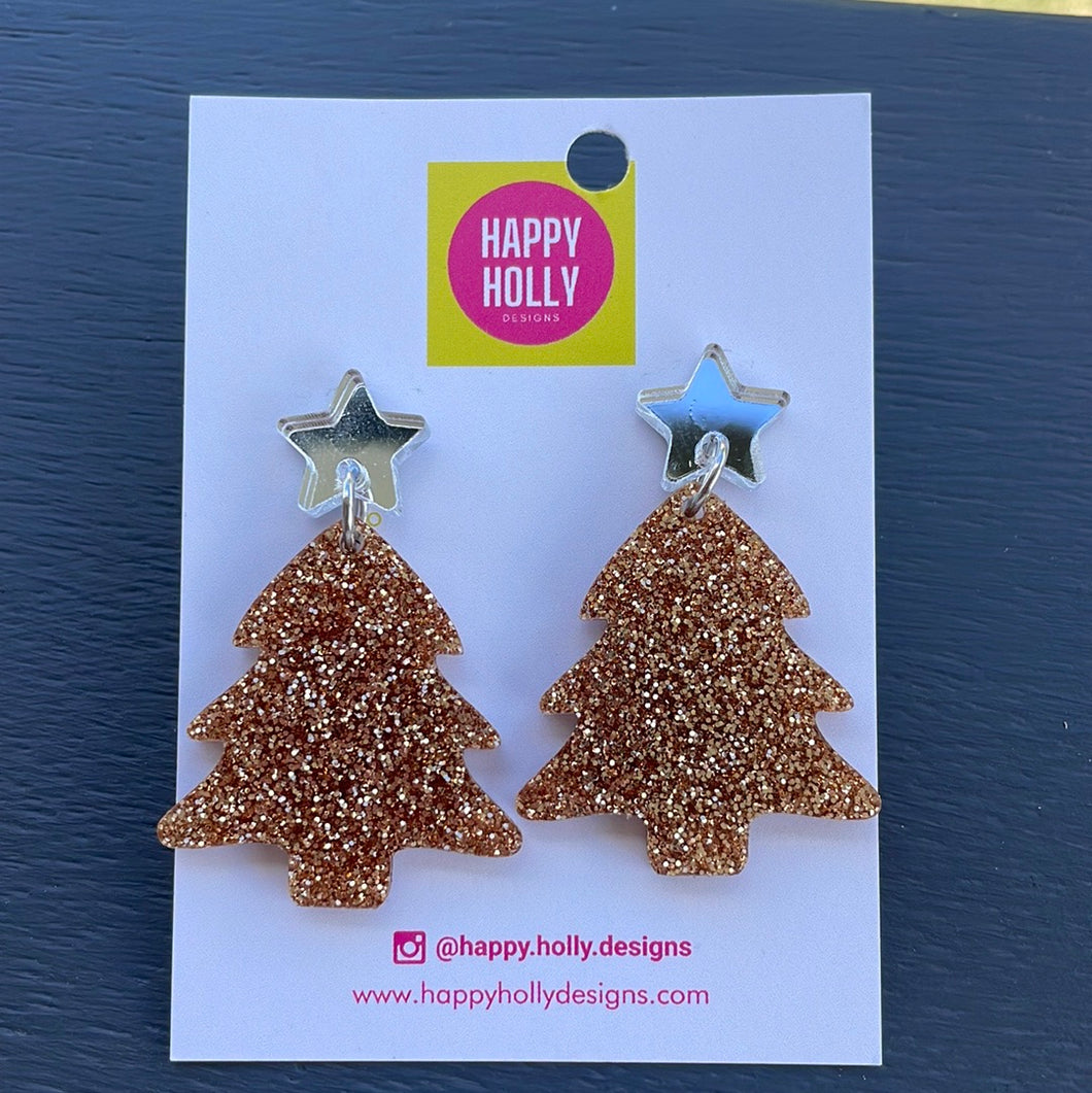 Christmas tree dangle earrings - gold tree with silver top