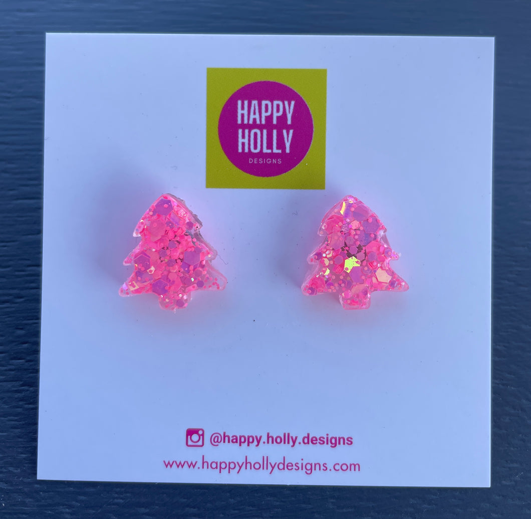 Christmas tree earrings - bright pink glitter