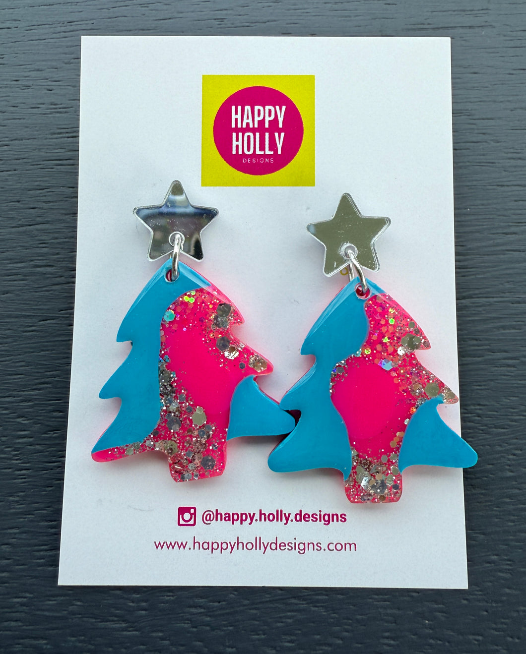 Christmas tree dangle earrings - blue/pink/silver tree