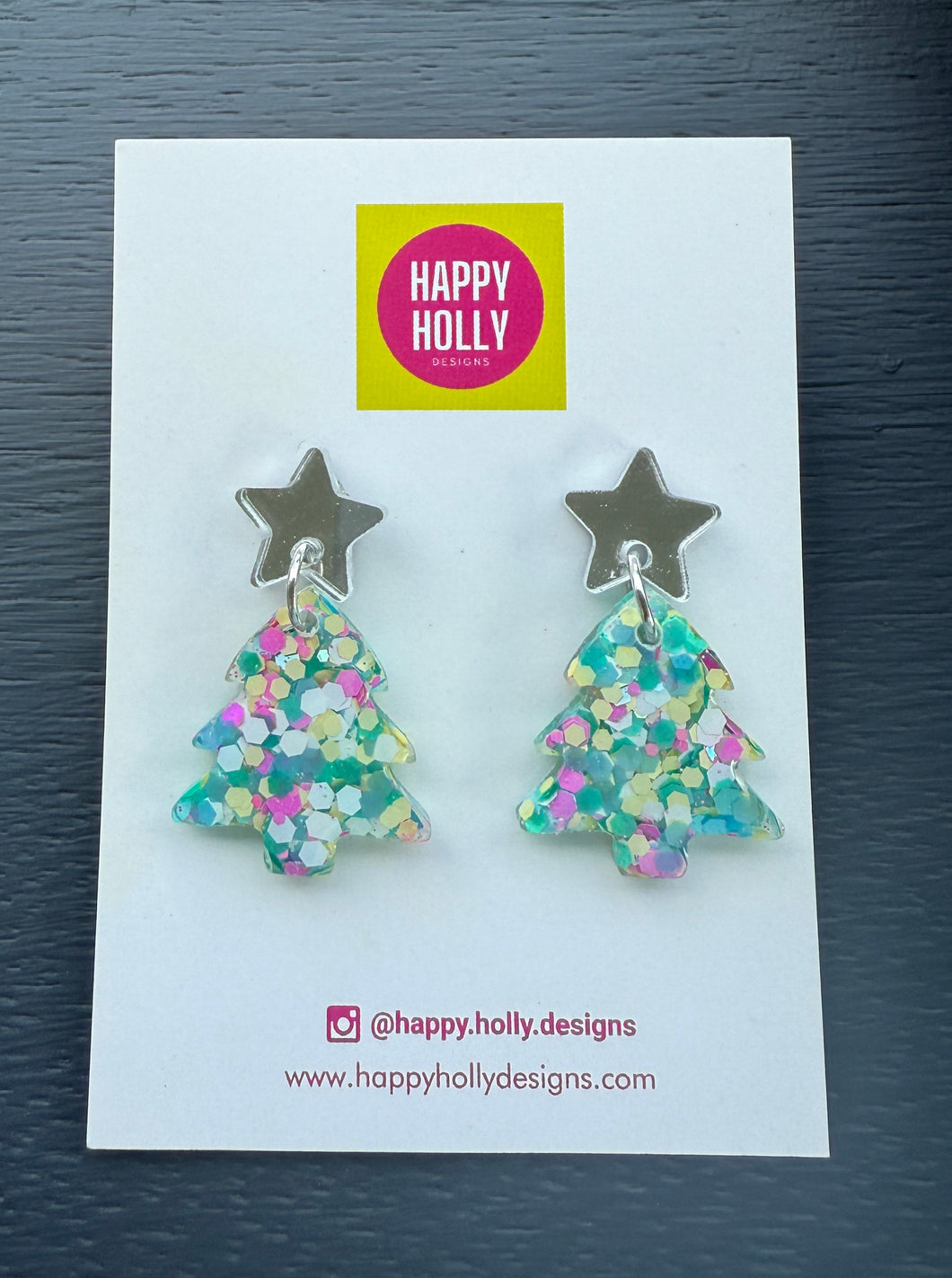 Christmas tree dangle earrings - pastel multi glitter tree
