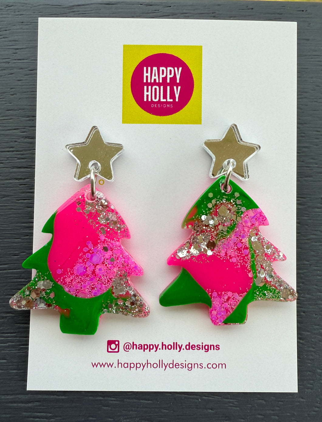 Christmas tree dangle earrings - silver/pink/green tree 2