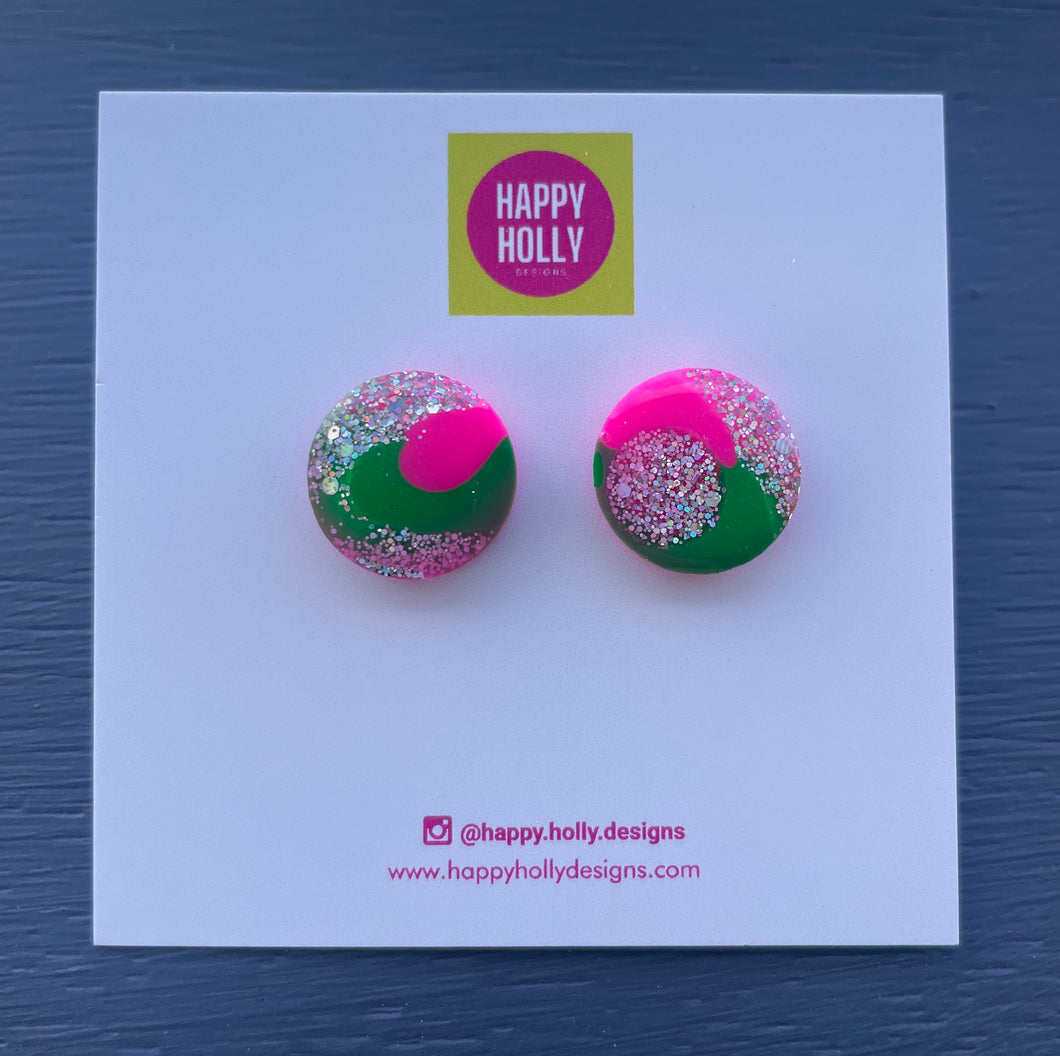 Round earrings 15mm - hot pink/green & silver glitter