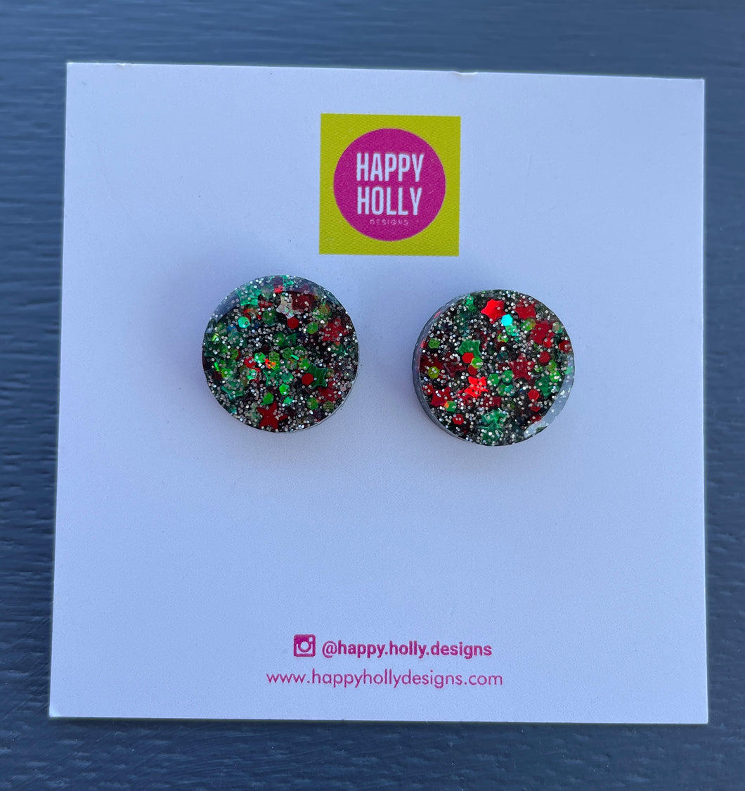 Christmas round 15mm earrings - green/red/silver glitter