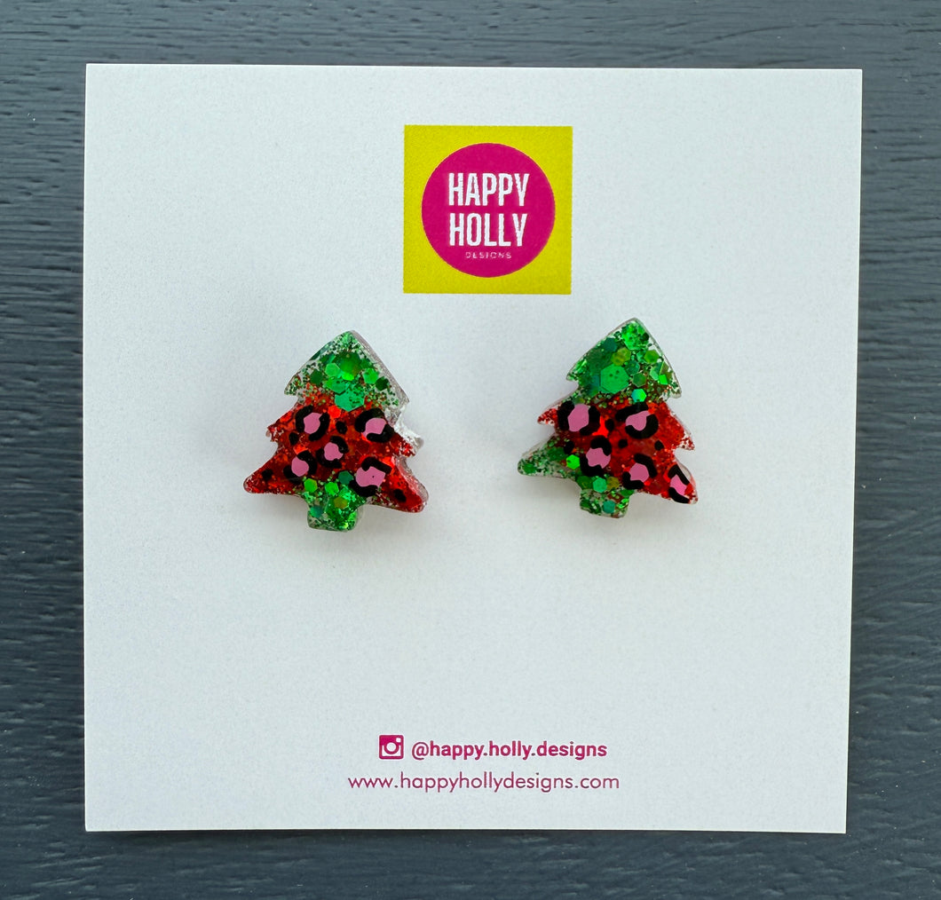 Christmas tree earrings - red & green glitter with pink  leopard print