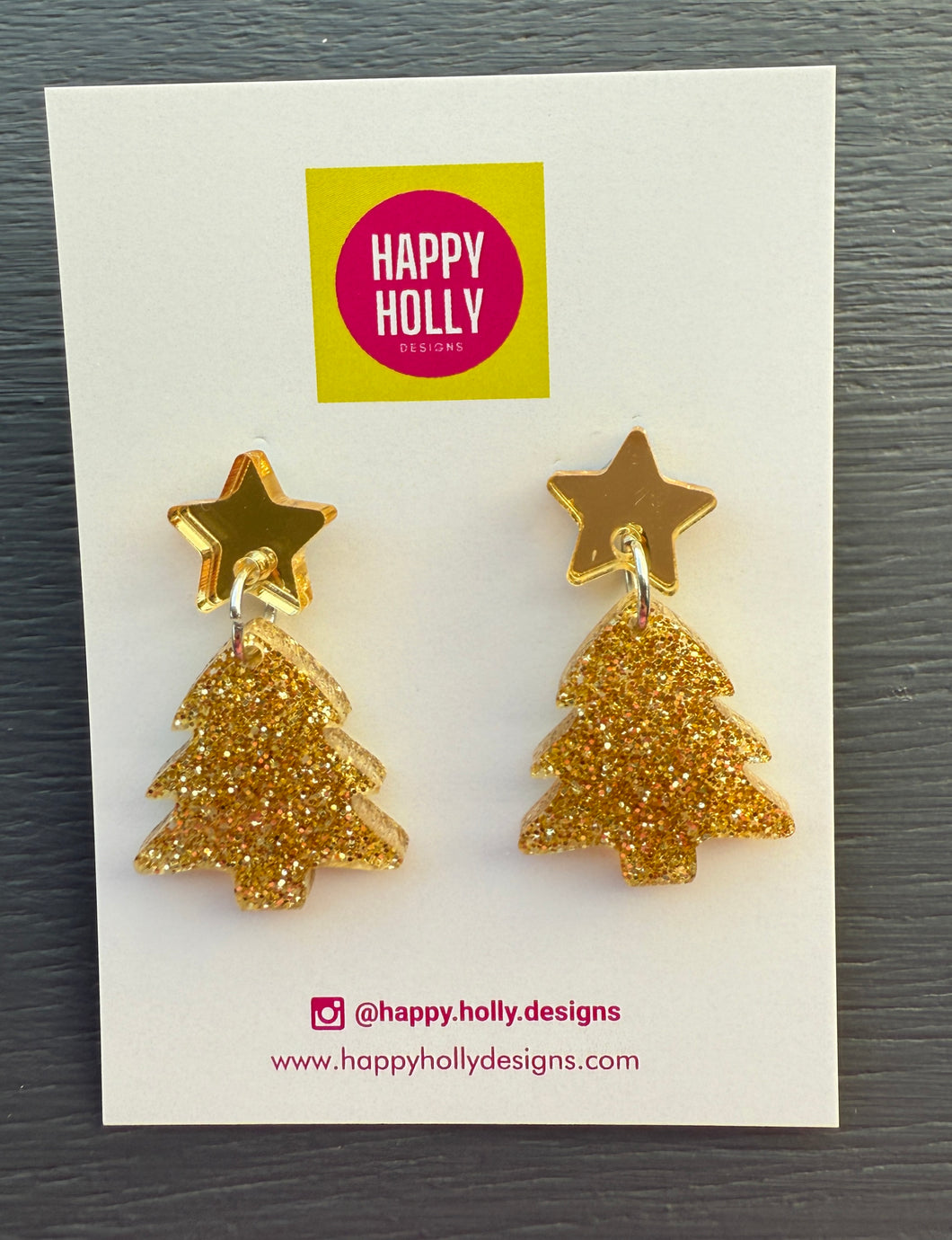 Christmas tree dangle earrings - gold fine glitter tree