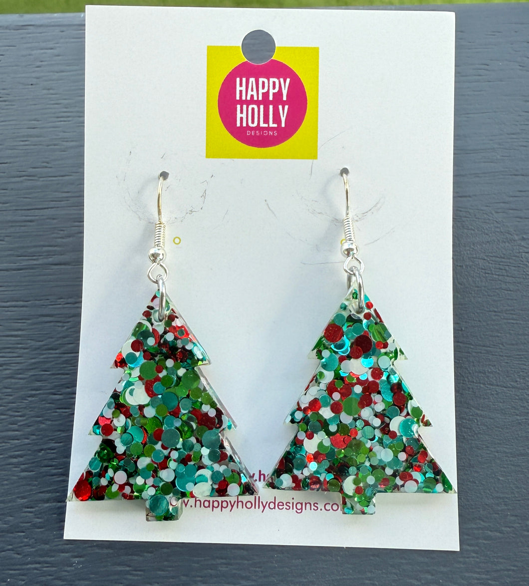 Christmas tree dangle earrings - red/green/white tree