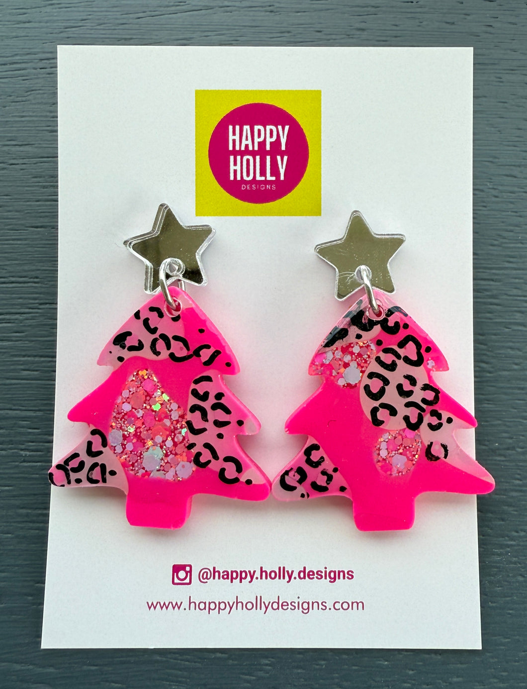 Christmas tree dangle earrings -pink with leopard print tree