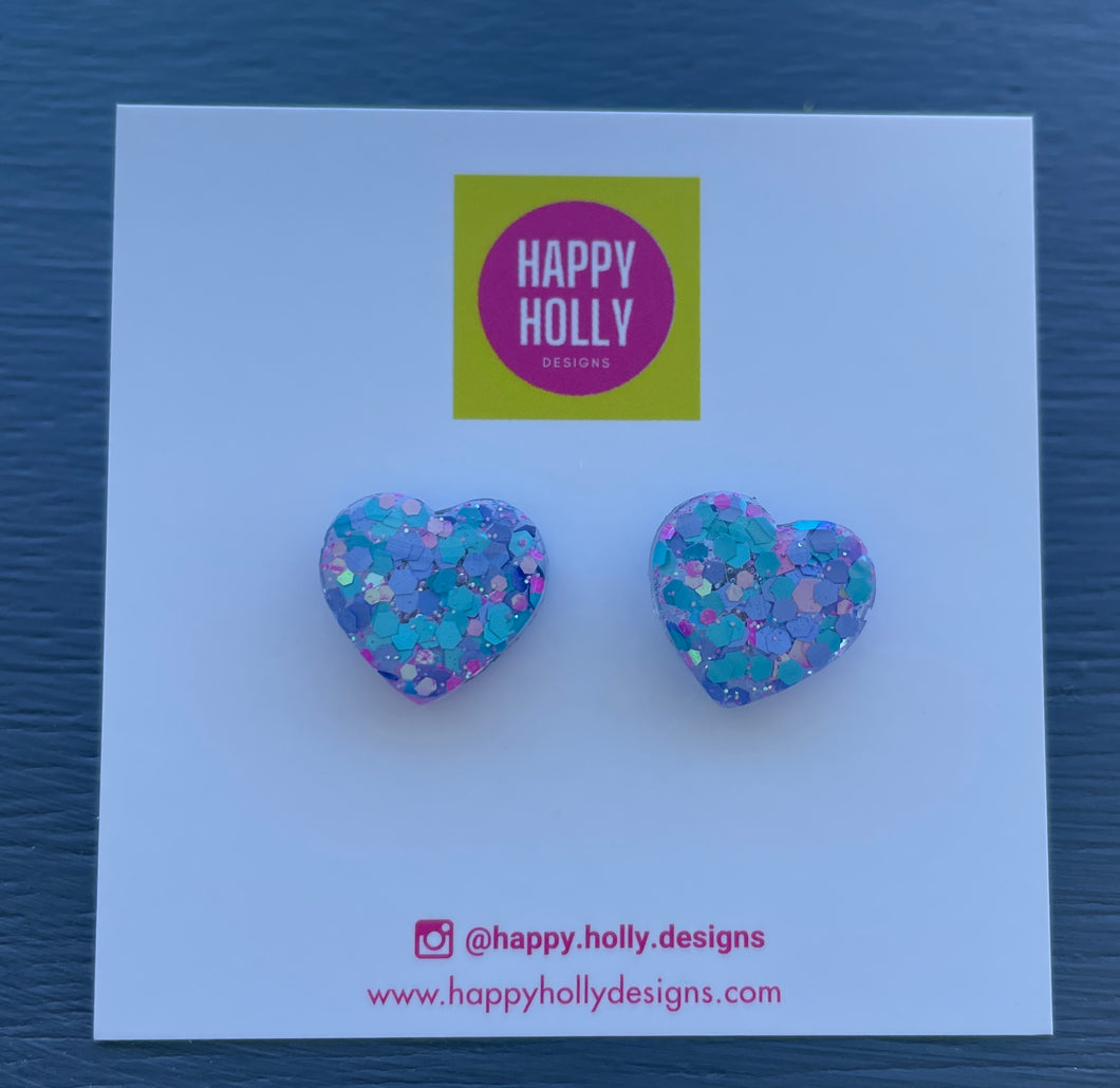 Heart earrings - pink/purple/aqua glitter