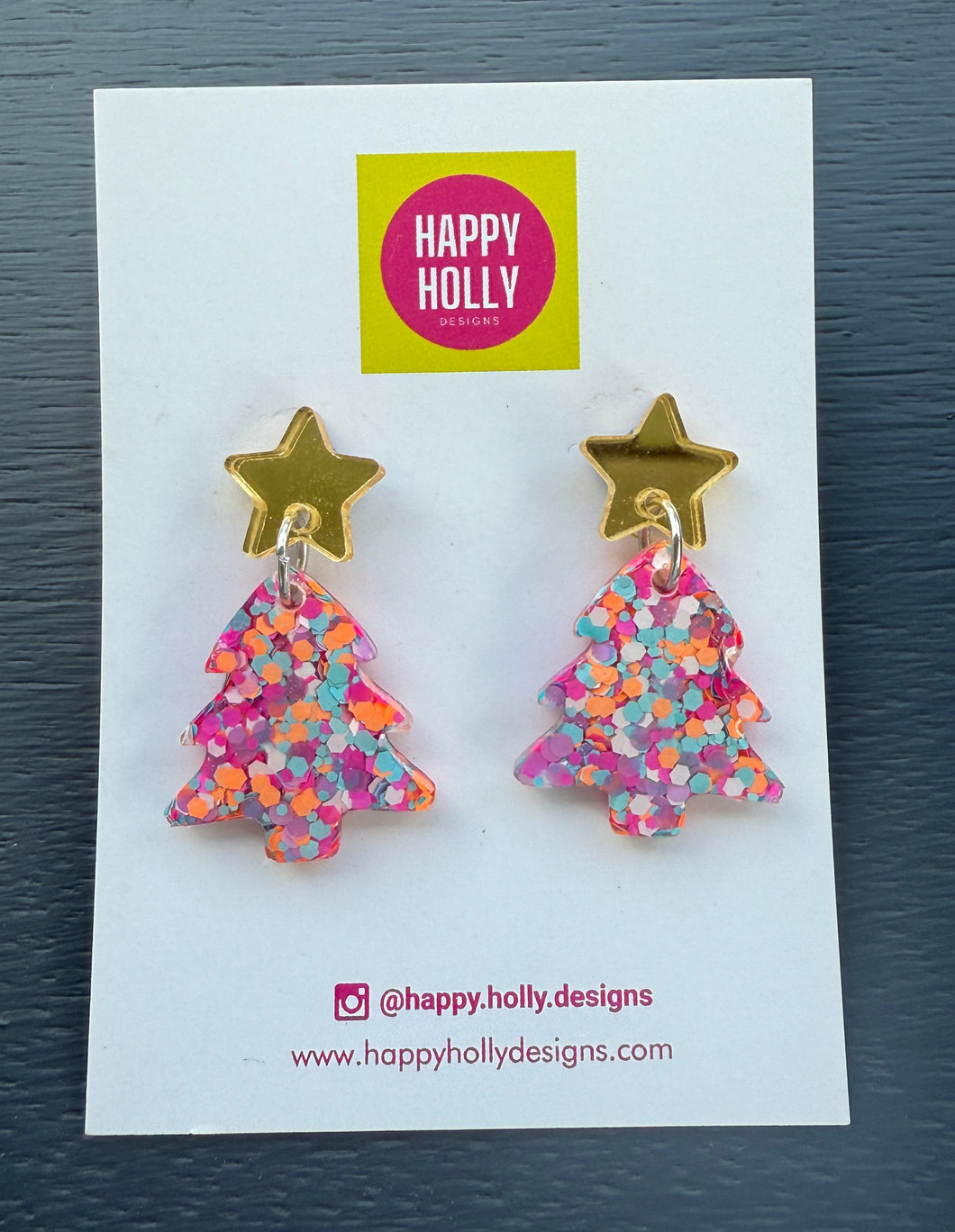 Christmas tree dangle earrings -pink/aqua/orange/white glitter tree