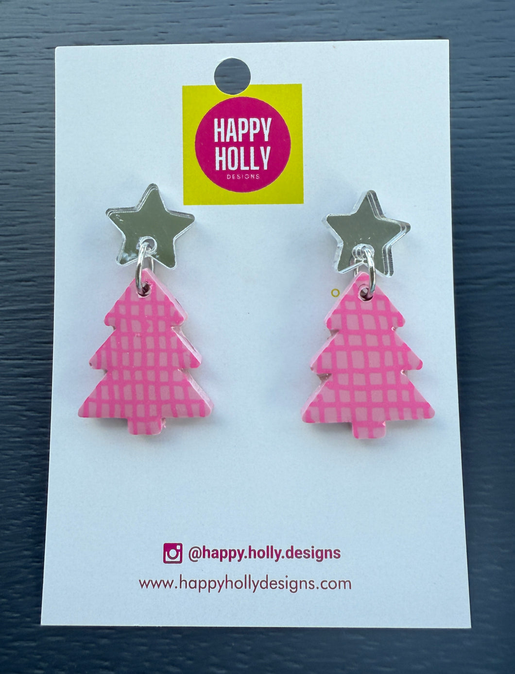 Christmas tree dangle earrings -pink checkers tree