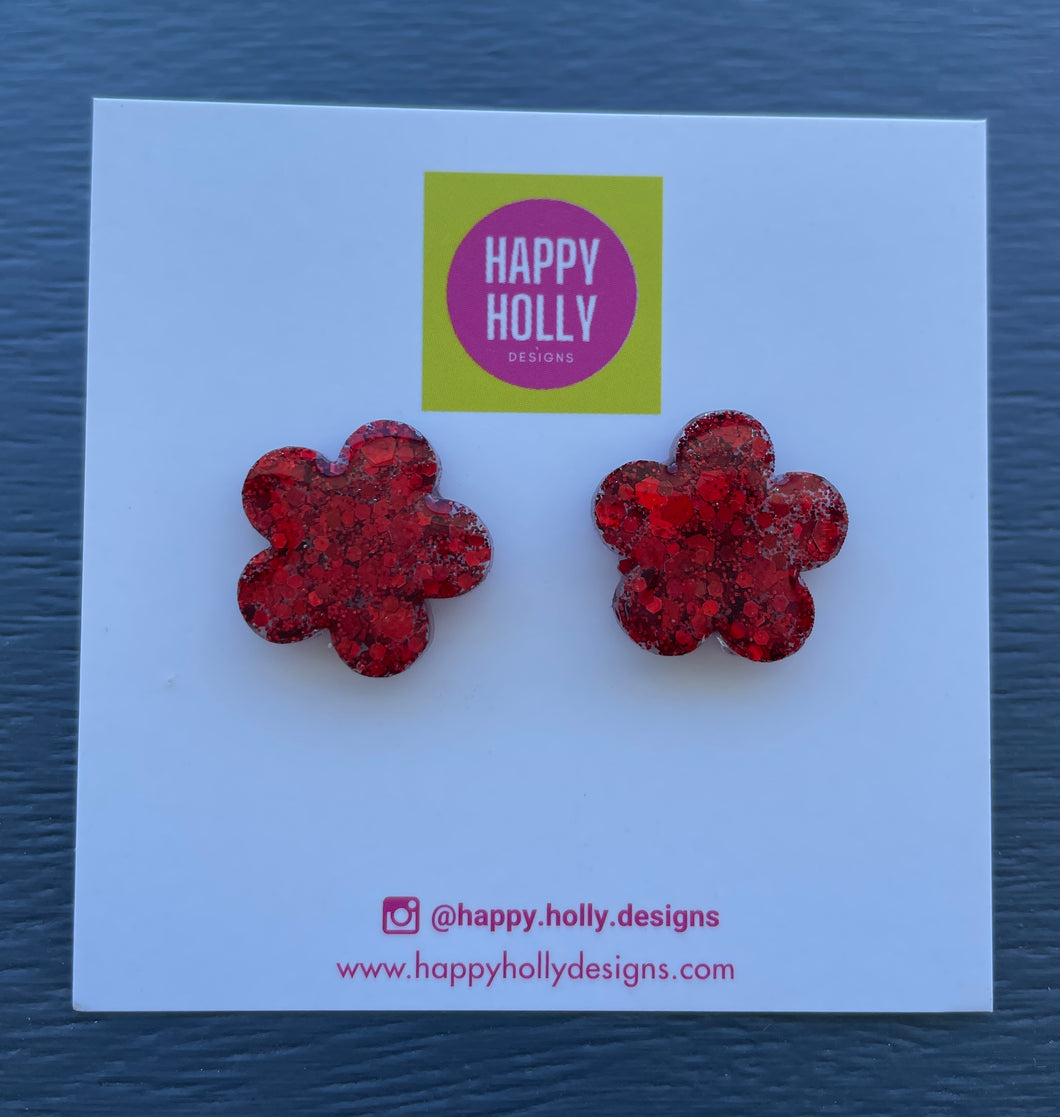 Flower earrings - 15mm red glitter