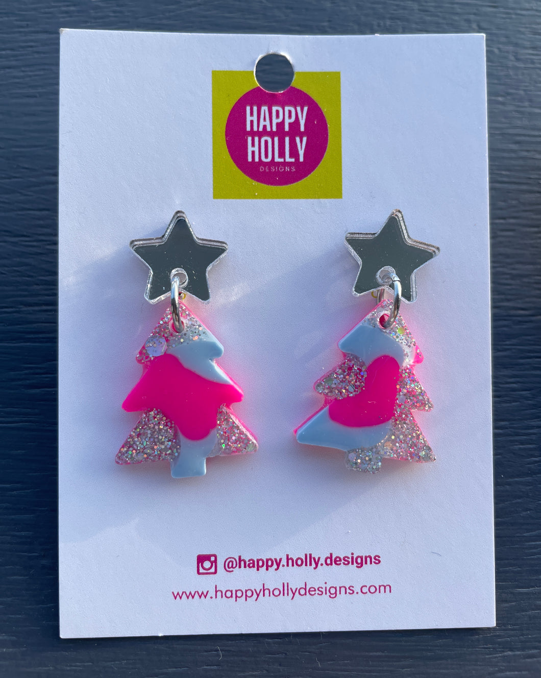 Christmas tree dangle earrings - pink, pale blue & silver tree