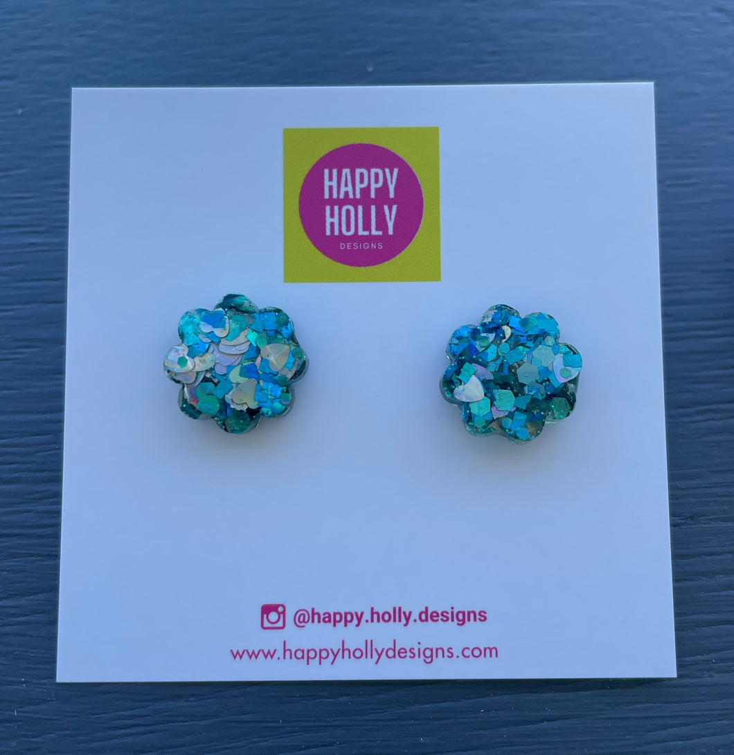 Flower earrings - blue/green/silver glitter