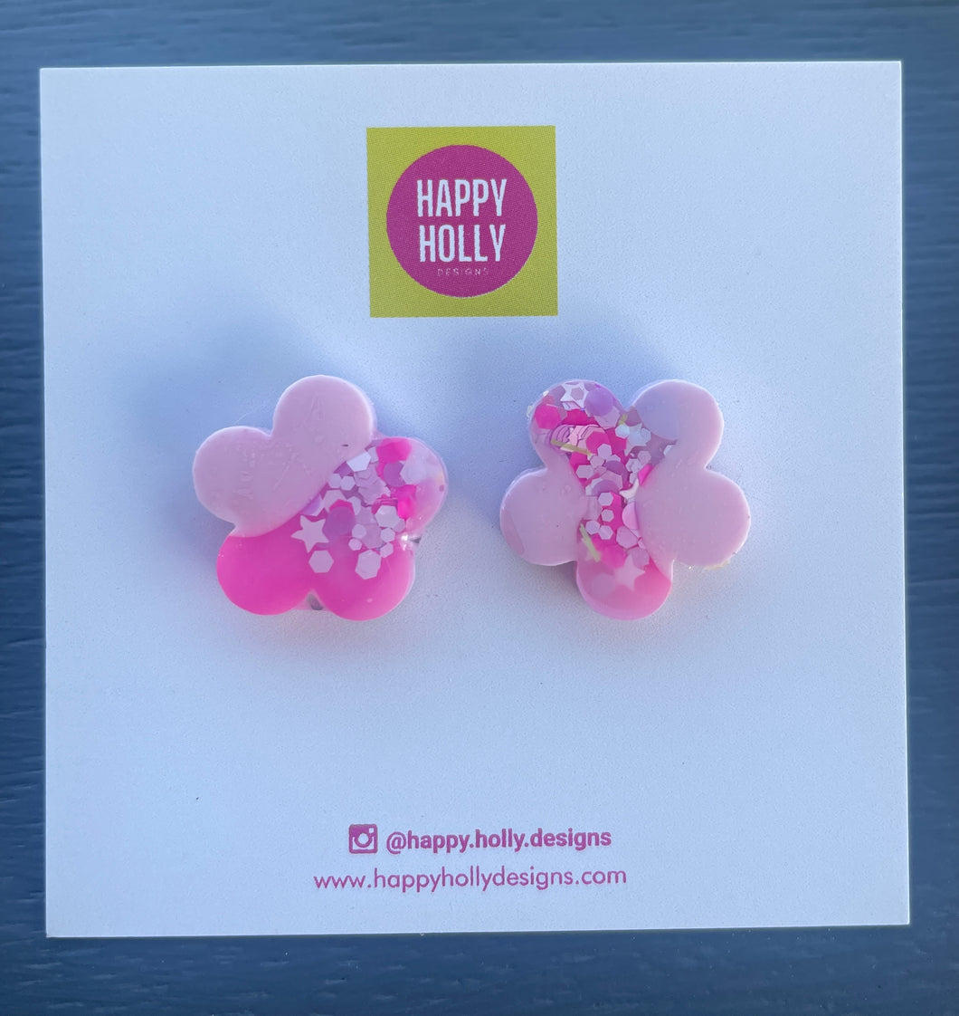 Flower earrings - 15mm pink & pink glitter