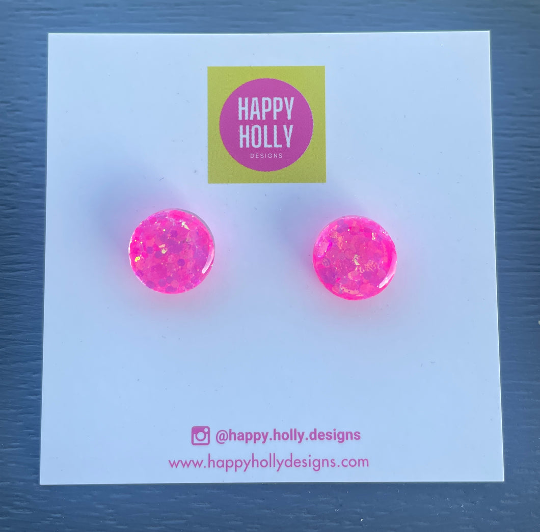 Round earrings 10mm - pink glitter