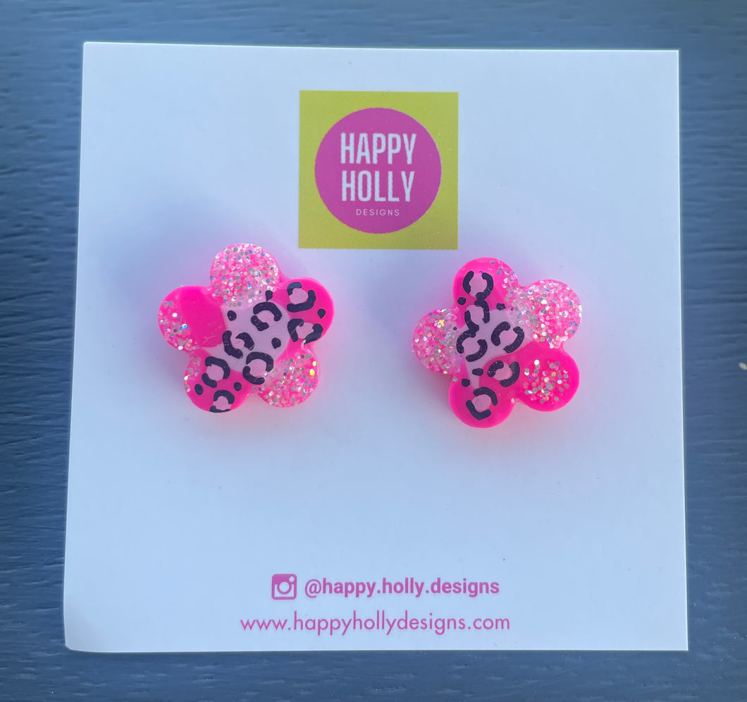 Flower earrings - 15mm pink with pink leopard print