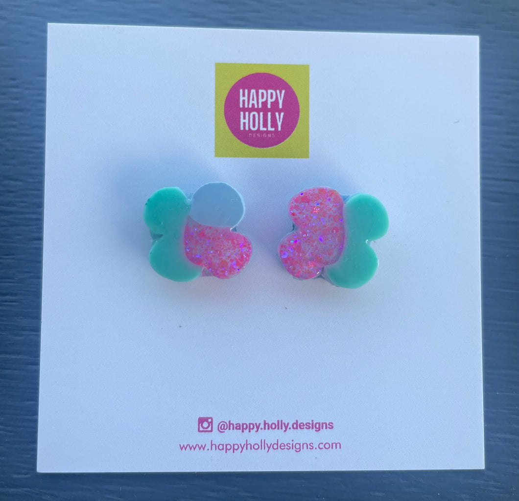 Flower earrings - blue/aqua/pink glitter