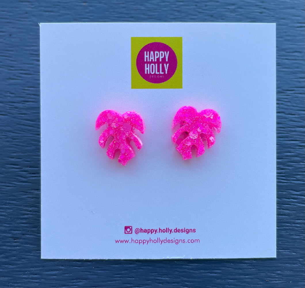 Monstera leaf earrings - hot pink glitter