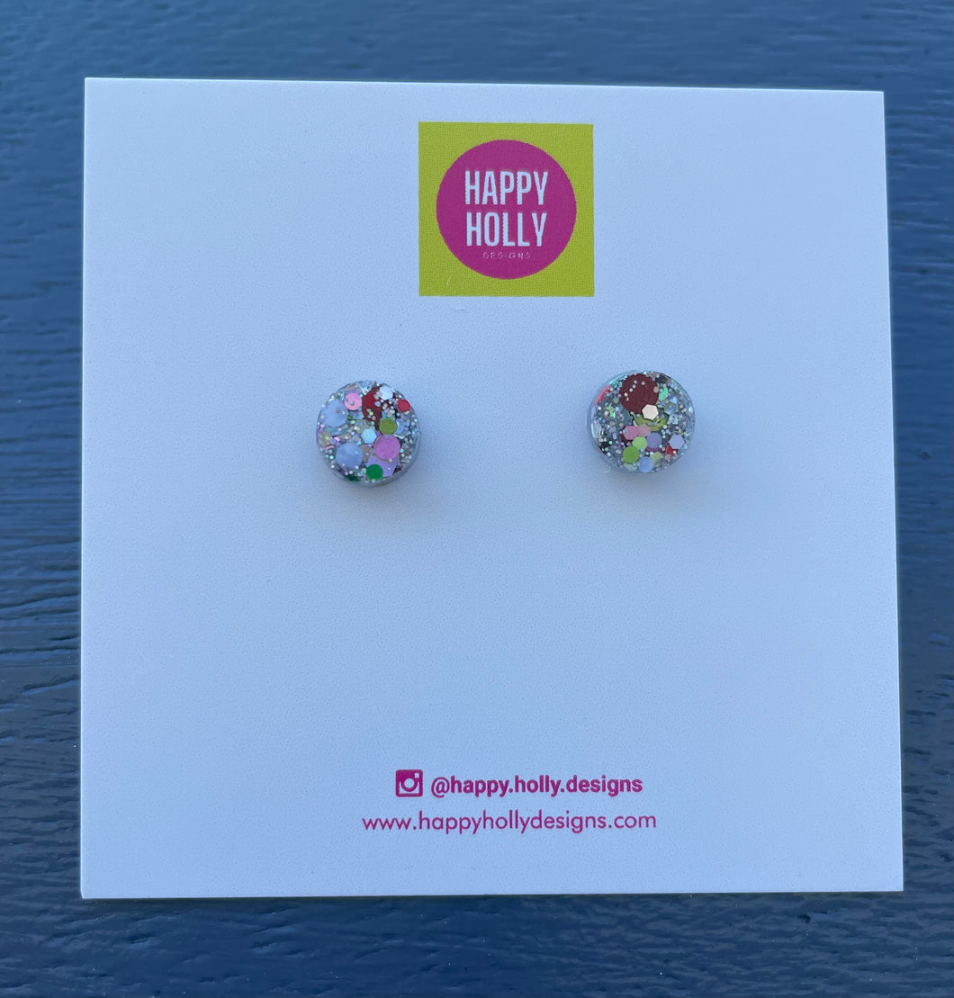 Round 6mm earrings - silver & multi glitter