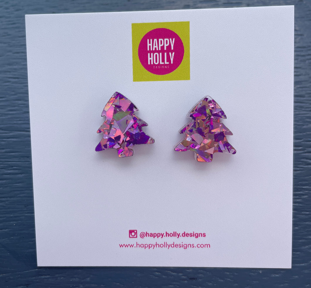 Christmas tree earrings - chunky pink/purple glitter