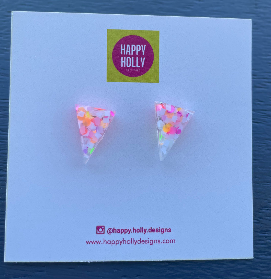 Triangle earrings - white/pink/orange/green glitter