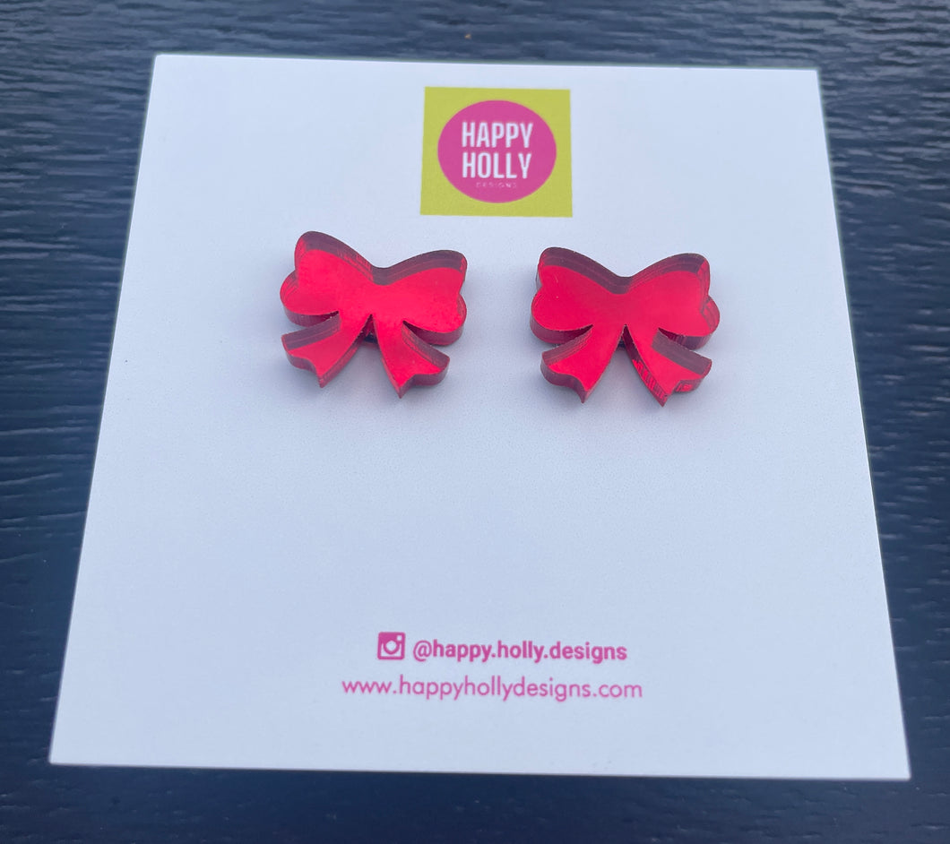 Red ribbon mirror earrings - red mirror