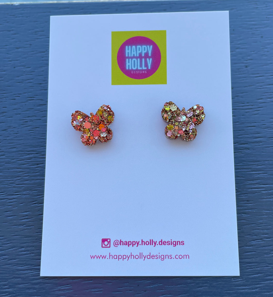 Butterfly earrrings - gold & pink earrings