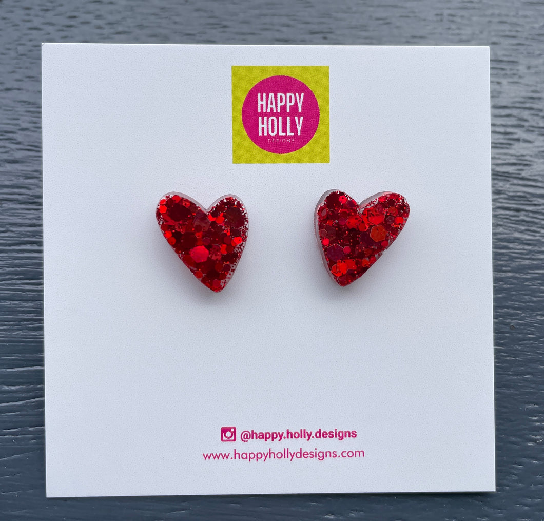 Assymetric heart earrings - red glitter