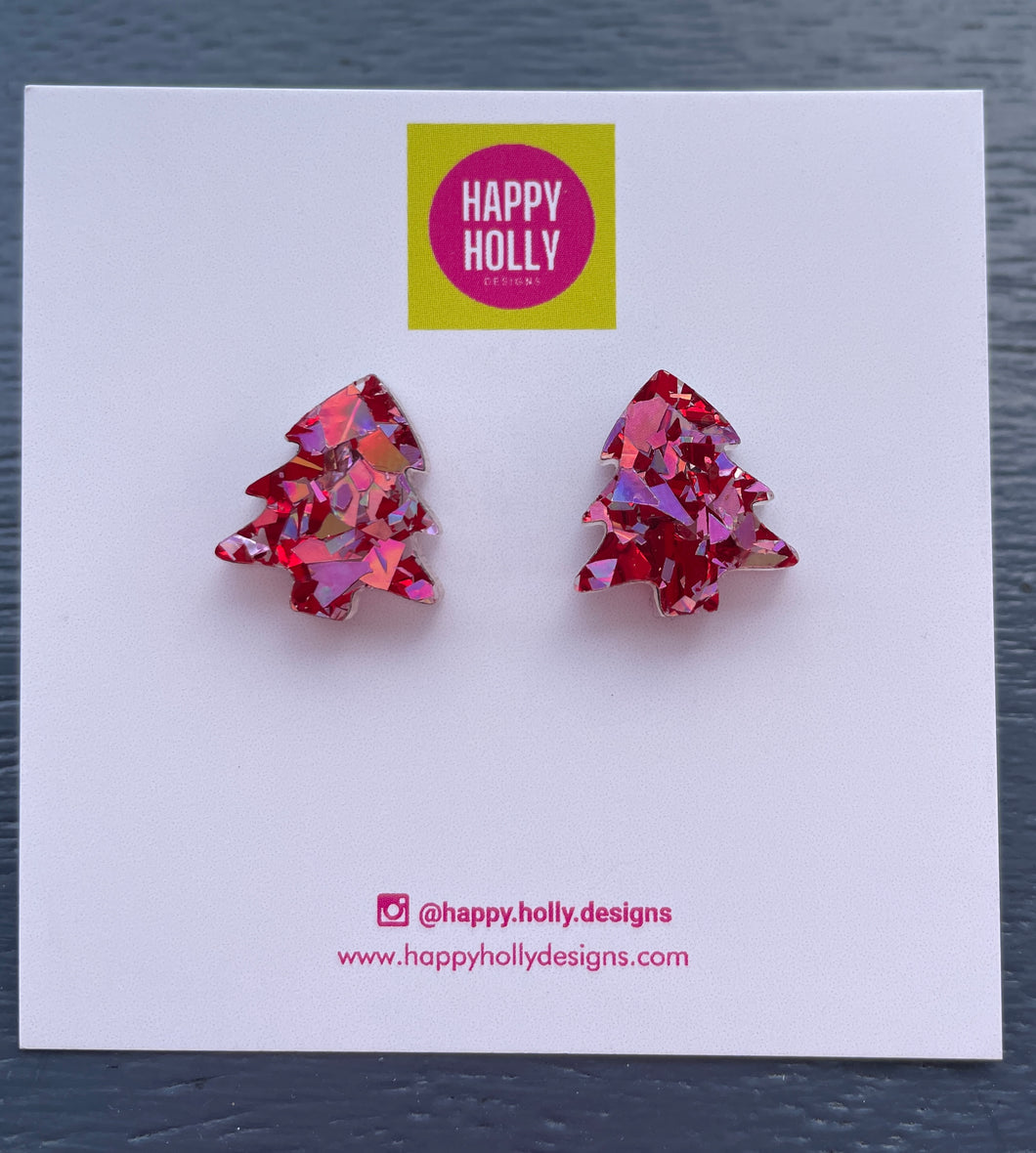 Christmas tree earrings - chunky pink/red glitter