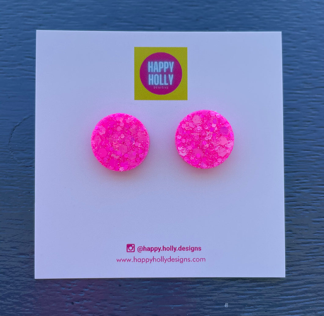 Round earrings 15mm - hot pink glitter